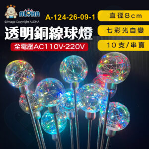 阿囉哈LED總匯_A-124-26-09-1_8cm-七彩光-透明銅線球燈-不銹鋼桿子-10支／串 全電壓 插地燈