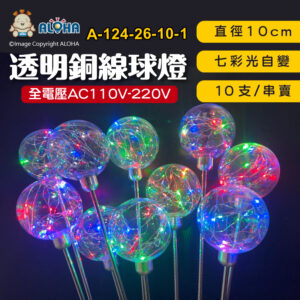 阿囉哈LED總匯_A-124-26-10-1_10cm-七彩光-透明銅線球燈-不銹鋼桿子-10支／串 全電壓 插地燈