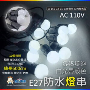 阿囉哈LED總匯_A-159-12-01_G45燈泡-白光帶色殼-E27-10顆燈頭-燈距55.5cm配前後防水公母插-長600cm／組-110V