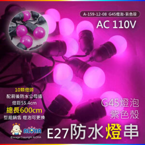 阿囉哈LED總匯_ A-159-12-08_G45燈泡-紫色殼-E27-10顆燈頭-燈距55.5cm配前後防水公母插-長600cm／組-110V