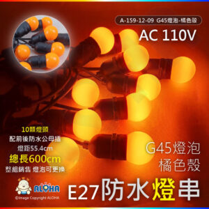 阿囉哈LED總匯_ A-159-12-09_G45燈泡-橘色殼-E27-10顆燈頭-燈距55.5cm配前後防水公母插-長600cm／組-110V