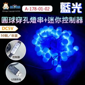 阿囉哈LED總匯_A-178-01-02_藍光-USB-防水DC5V穿孔50燈+乳白色球+迷你控制器（可調明暗）／50顆／串賣