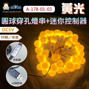 阿囉哈LED總匯_A-178-01-03_黃光-USB-防水DC5V穿孔50燈+乳白色球+迷你控制器（可調明暗）／50顆／串賣