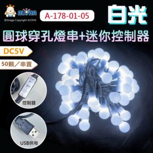 阿囉哈LED總匯_A-178-01-05_白光-USB-防水DC5V穿孔50燈+乳白色球+迷你控制器（可調明暗）／50顆／串賣
