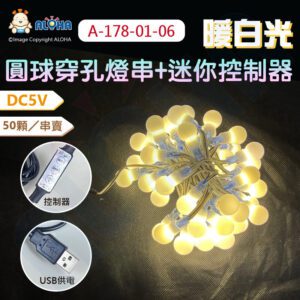 阿囉哈LED總匯_A-178-01-06_暖白光-USB-防水DC5V穿孔50燈+乳白色球+迷你控制器（可調明暗）／50顆／串賣