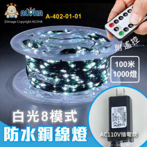 阿囉哈LED總匯_A-402-01-01_白光-100米1000燈-防水銅線燈-AC110V插電款+搖控-墨綠線