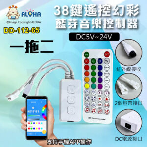 阿囉哈LED總匯_DD-112-65_LED藍牙音樂-幻彩控制器+38鍵搖控-（600像素點）帶一拖二-DC5~24V-白色