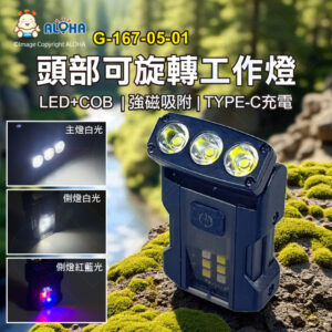 阿囉哈LED總匯_G-167-05-01_頭部可旋轉工作燈-夾燈-800mAh-LED+COB-輔助紅藍光-TYPE-C充電-磁吸