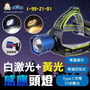 阿囉哈LED總匯_I-99-21-01_白激光+黃光-藍殼-可感應式頭燈-伸縮變焦SST20使用18650*3(未附)