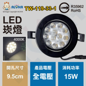 阿囉哈LED總匯_TW-119-33-1_15W-95mm崁燈-自然光4000K-24度-黑殼-全電壓  商場 賣場 辦公室 居家 照明燈具