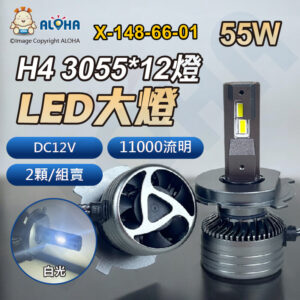 阿囉哈LED總匯_X-148-66-01_H4-3055-12顆白光-55W雙面銅管-LED大燈-11000流明-2顆／組