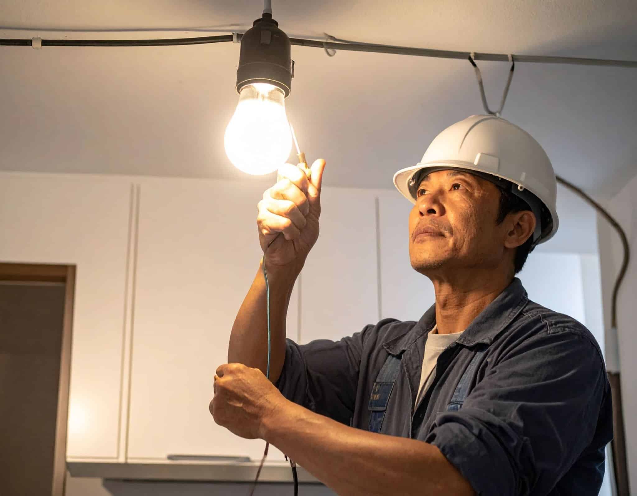 維修師傅(亞洲人)檢查燈具電路