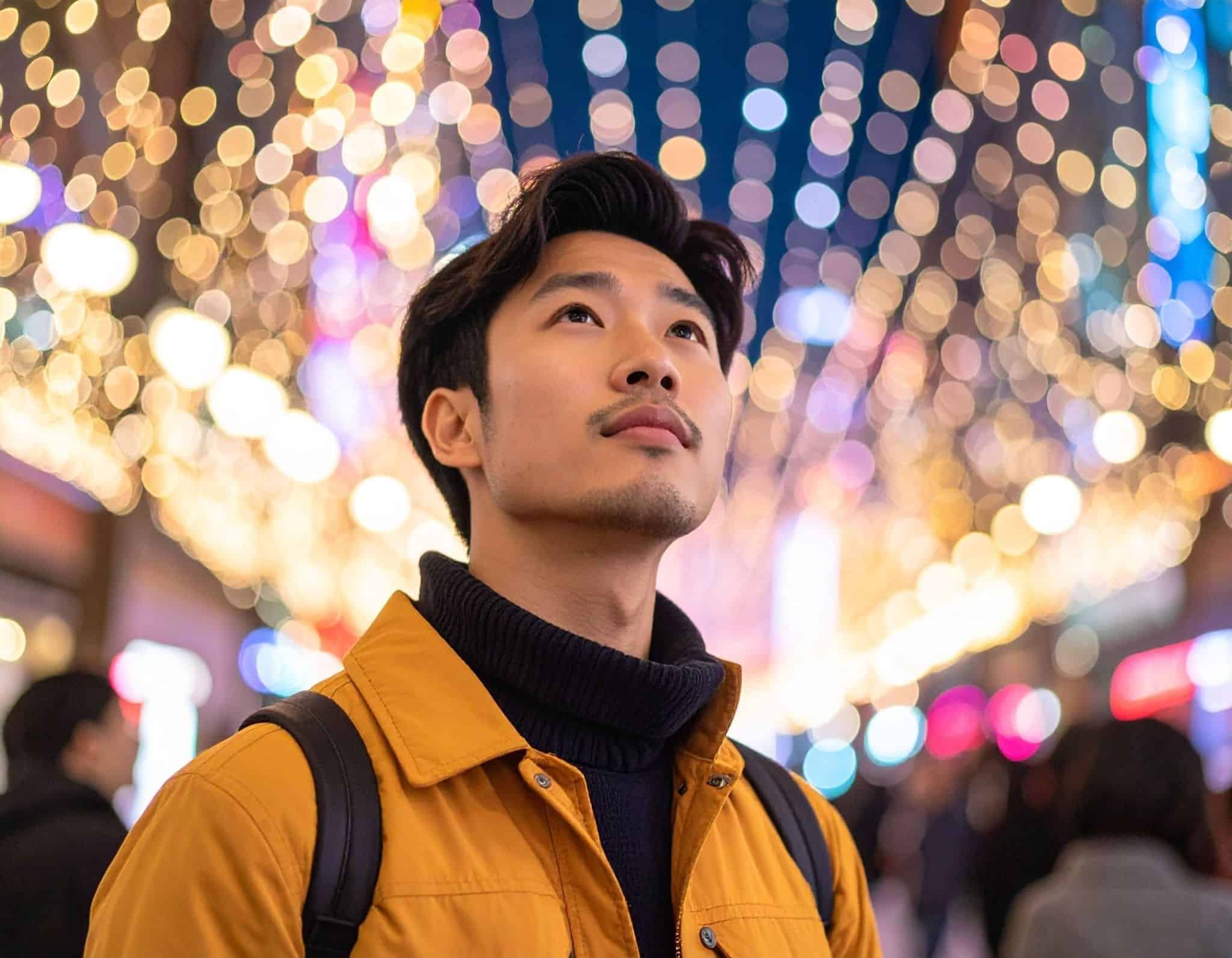 男子(亞洲人)抬頭看著閃爍燈光感到不適