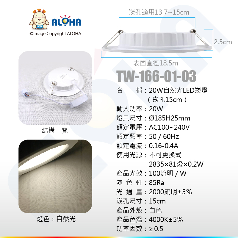 20W-LED崁燈4000K自然光0.2W*81燈-2000LM-開孔15cm-AC100~240V