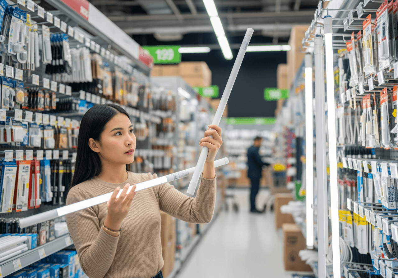 女性（亞洲人）挑選LED燈管