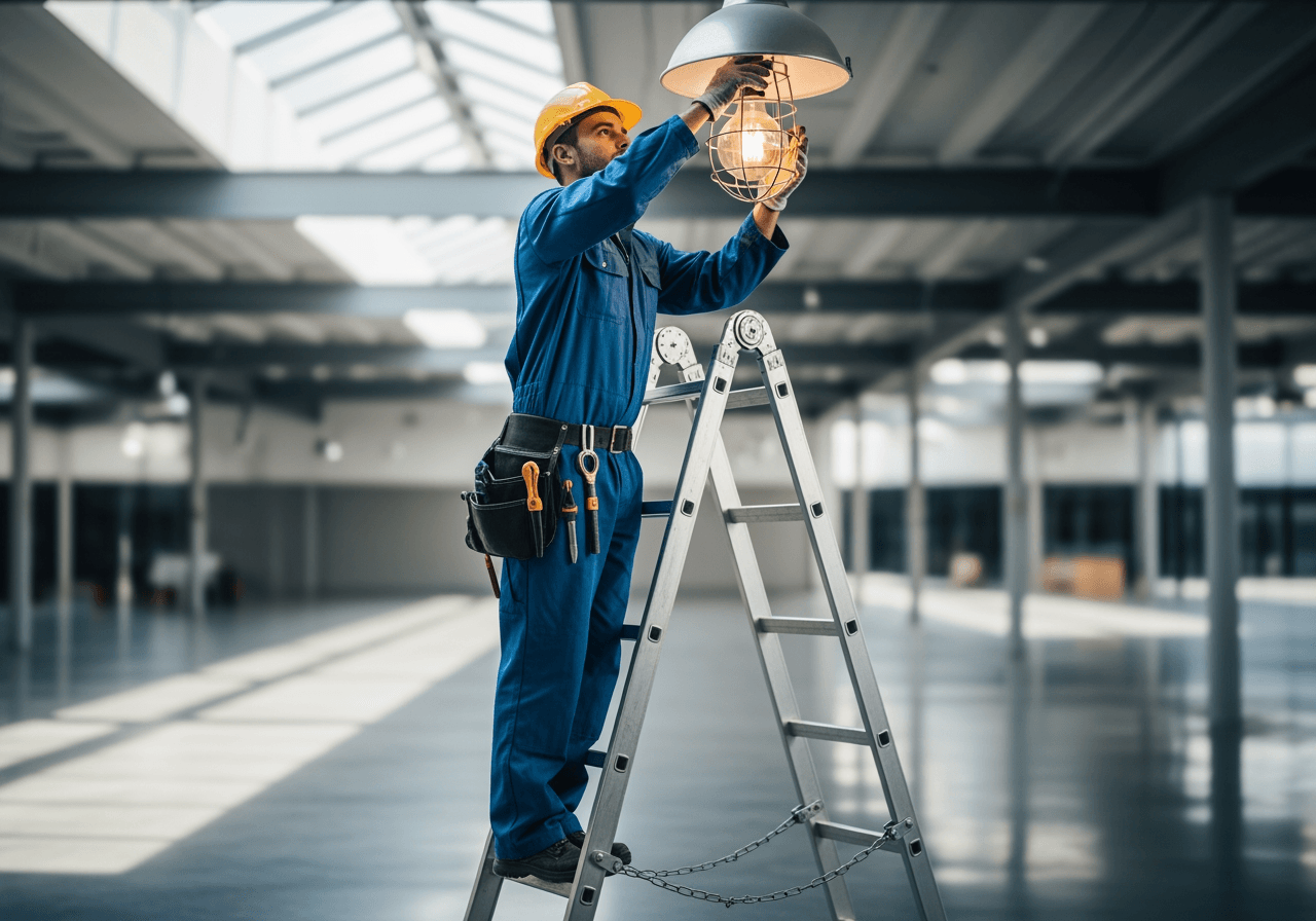 工人爬上梯子更換燈泡