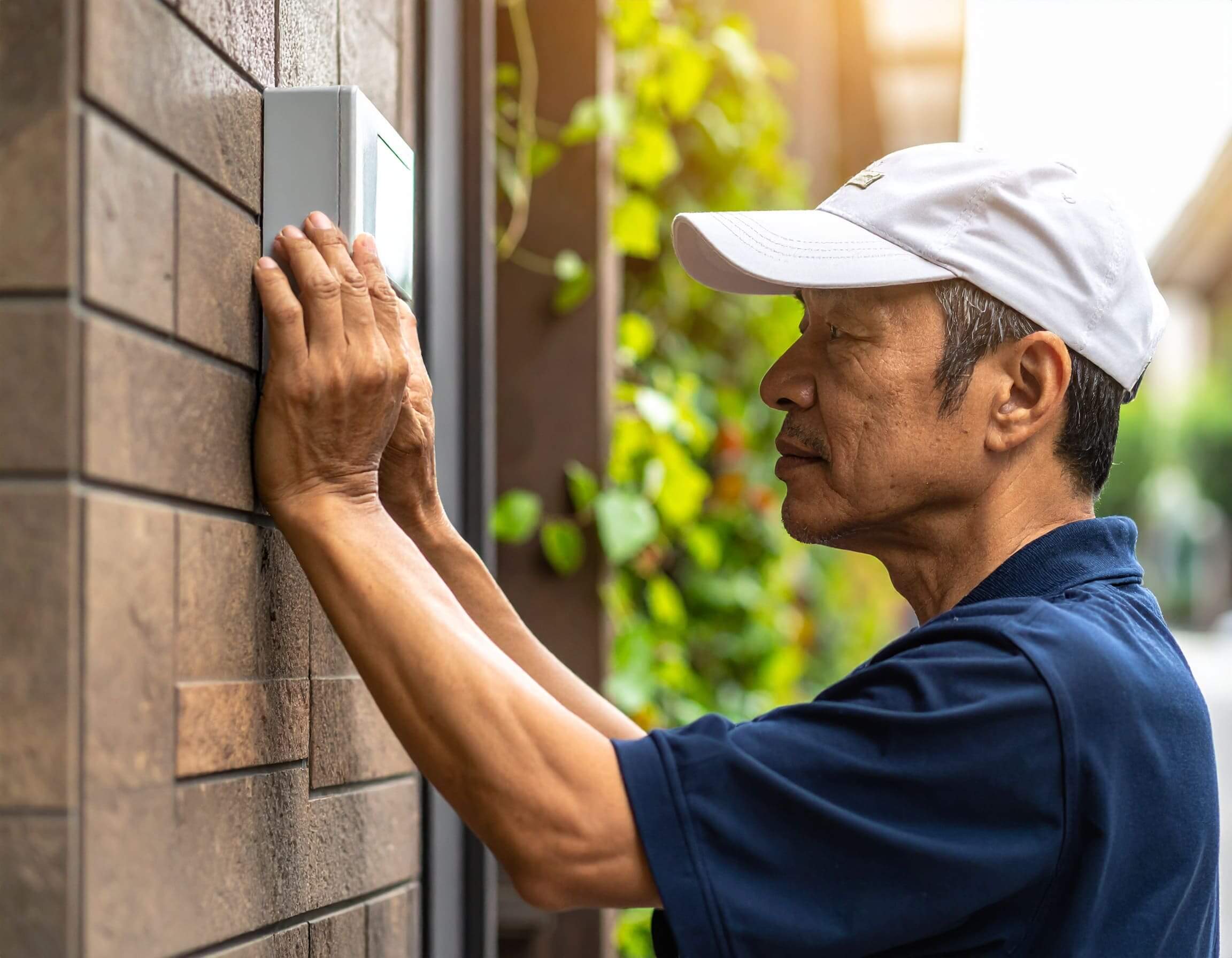 男子（亞洲人）在門口牆面安裝太陽能感應燈